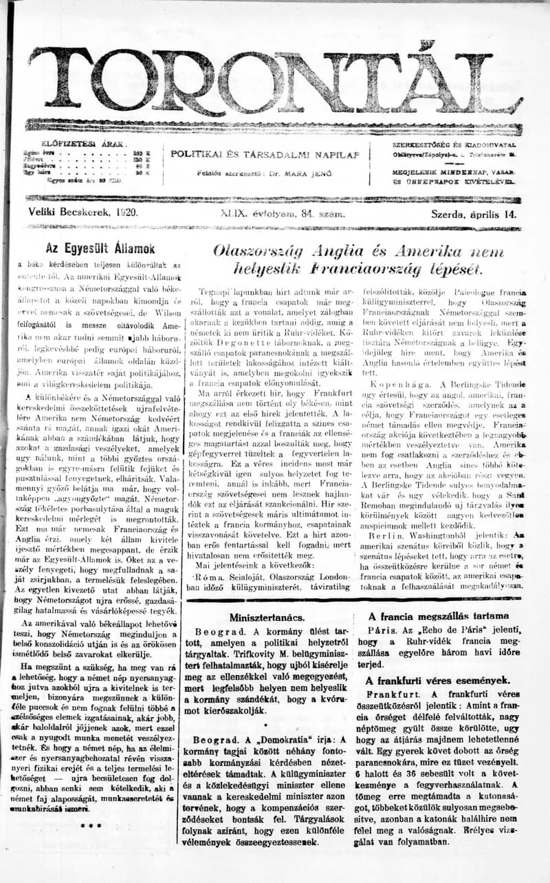 Torontál, 49. évf. 1920. április 14. 84. sz.