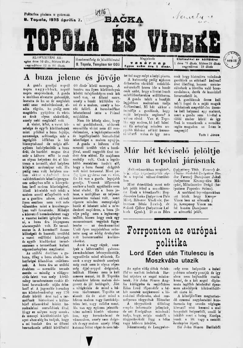 Bačka Topola és Vidéke, 12. évf. 1935. április 7. 15. sz.