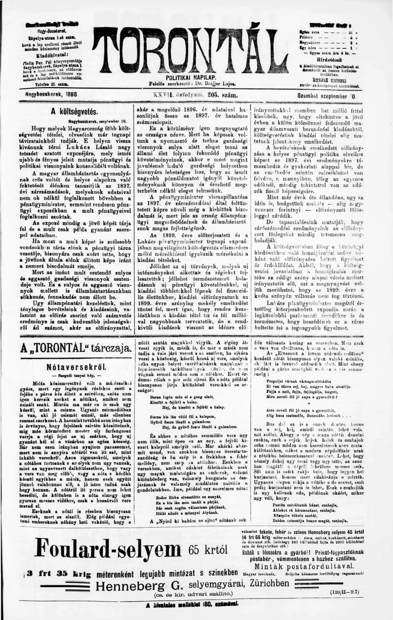 Torontál, 27. évf. 1898. szeptember 10. 205. sz.