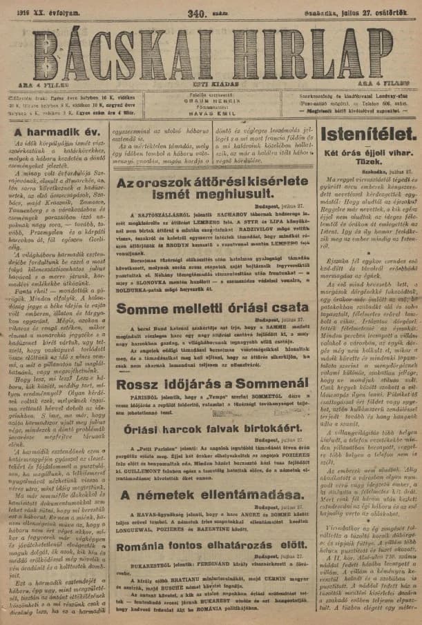 Bácskai Hirlap, 20. évf. 1916. július 27. 340. sz.