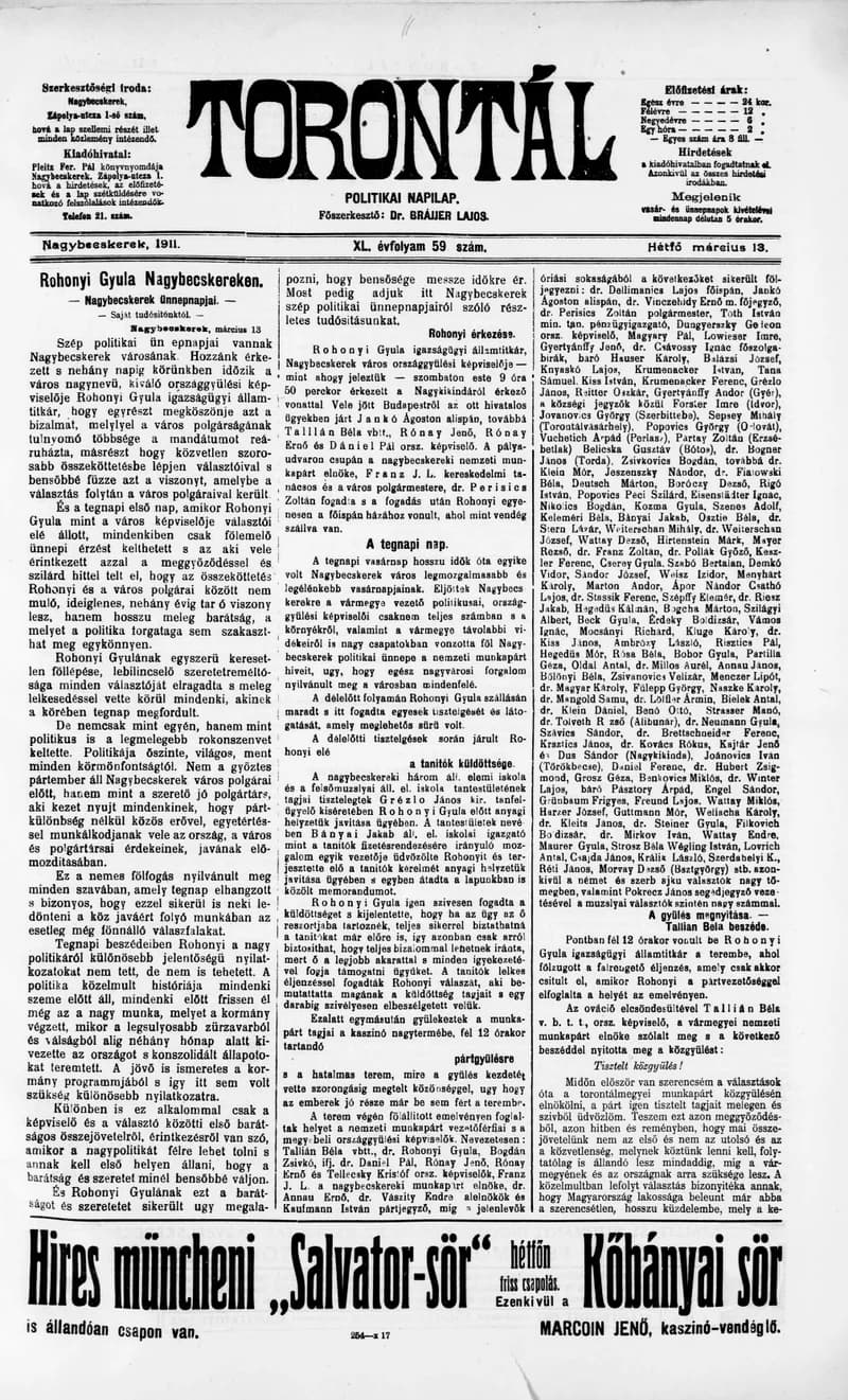 Torontál, 40. évf. 1911. március 13. 59. sz.