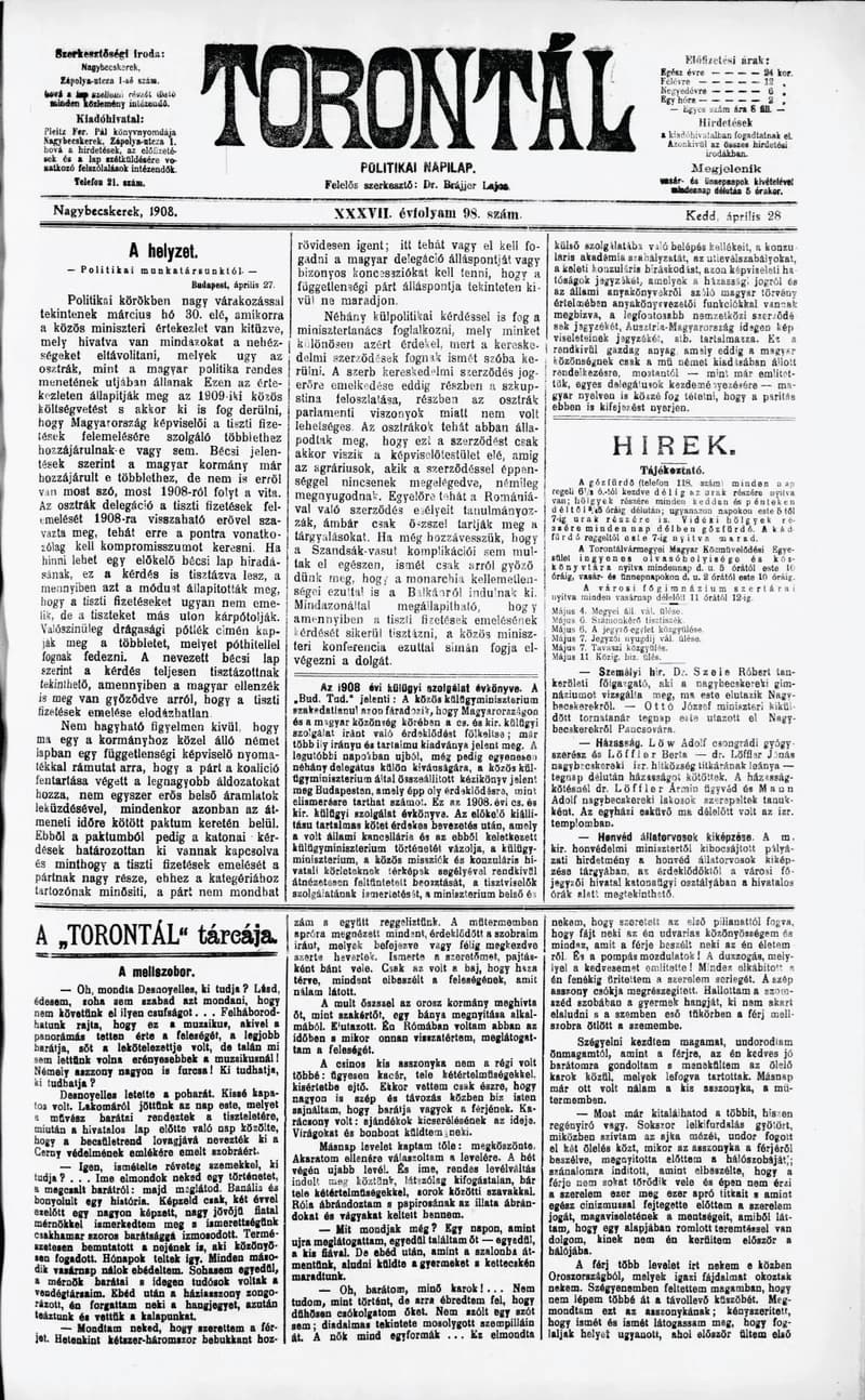 Torontál, 37. évf. 1908. április 28. 98. sz.