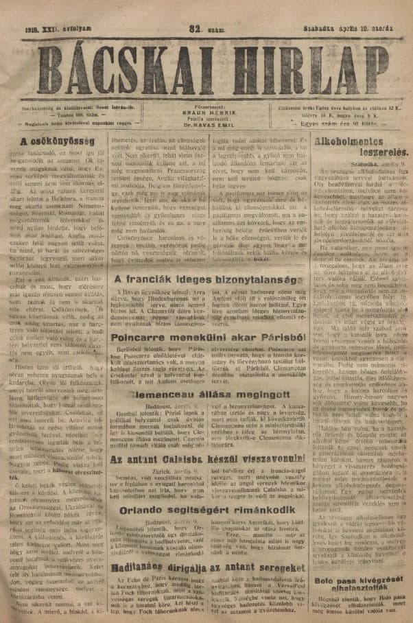 Bácskai Hirlap, 22. évf. 1918. április 10. 82. sz.