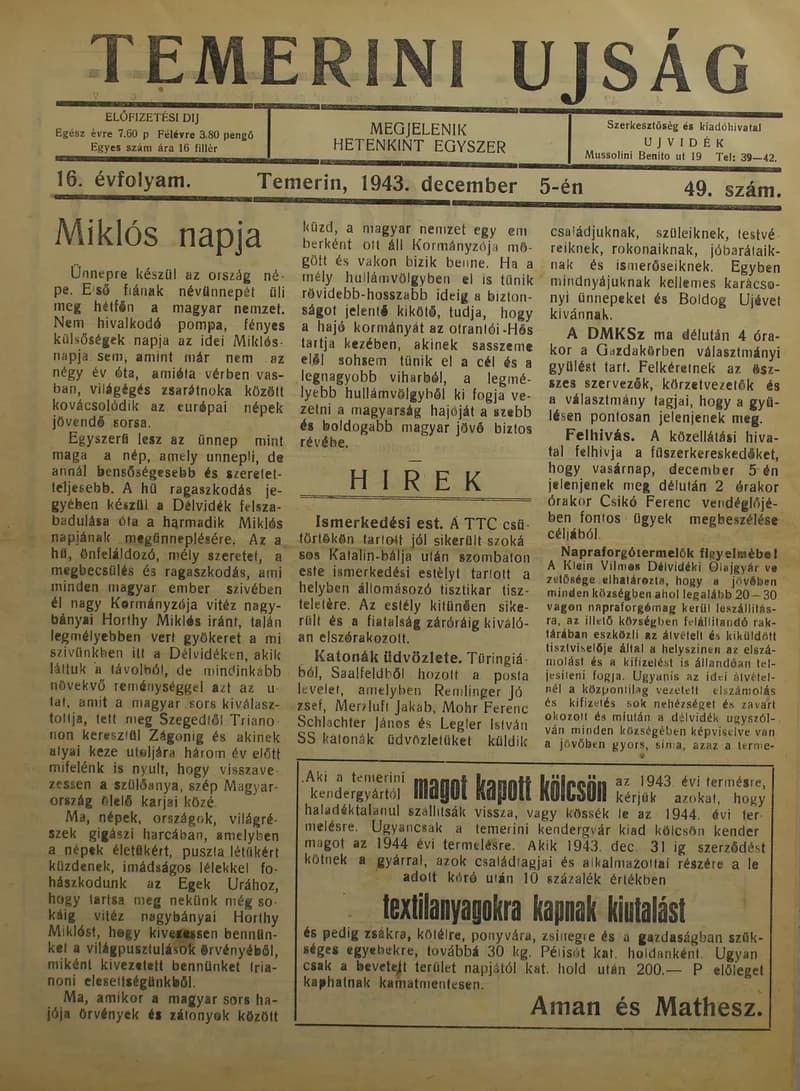 Temerini Újság 1928-1944, 16. évf. 1943. december 5. 49. sz.