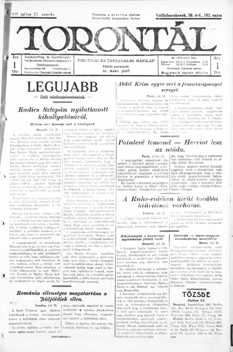 Torontál, 54. évf. 1925. július 22. 162. sz.