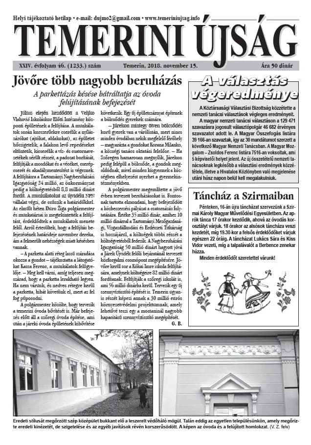 Temerini Újság, 24. évf. 2018. november 15. 46. sz.