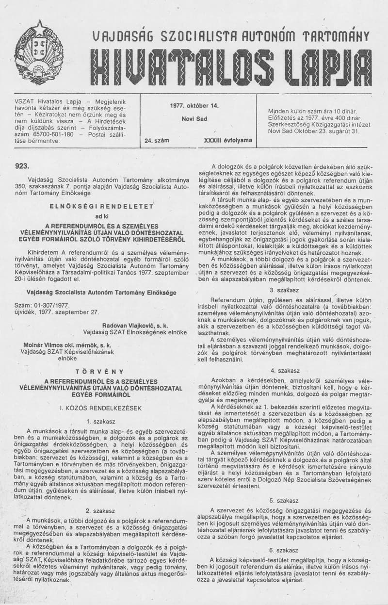 Vajdaság Szocialista Autonóm Tartomány Hivatalos Lapja, 33. évf. 1977. október 14. 24. sz. 1149–1196. oldal