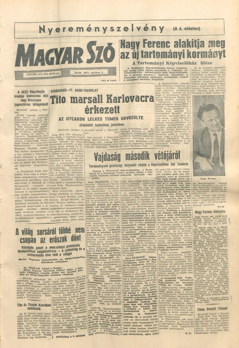 Magyar Szó, 28. évf. 1971. október 5. 274. sz. 1–16. oldal