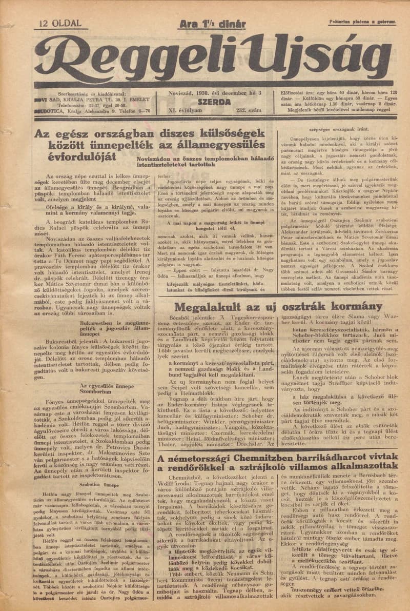Reggeli Újság, 11. évf. 1930. december 3. 282. sz.
