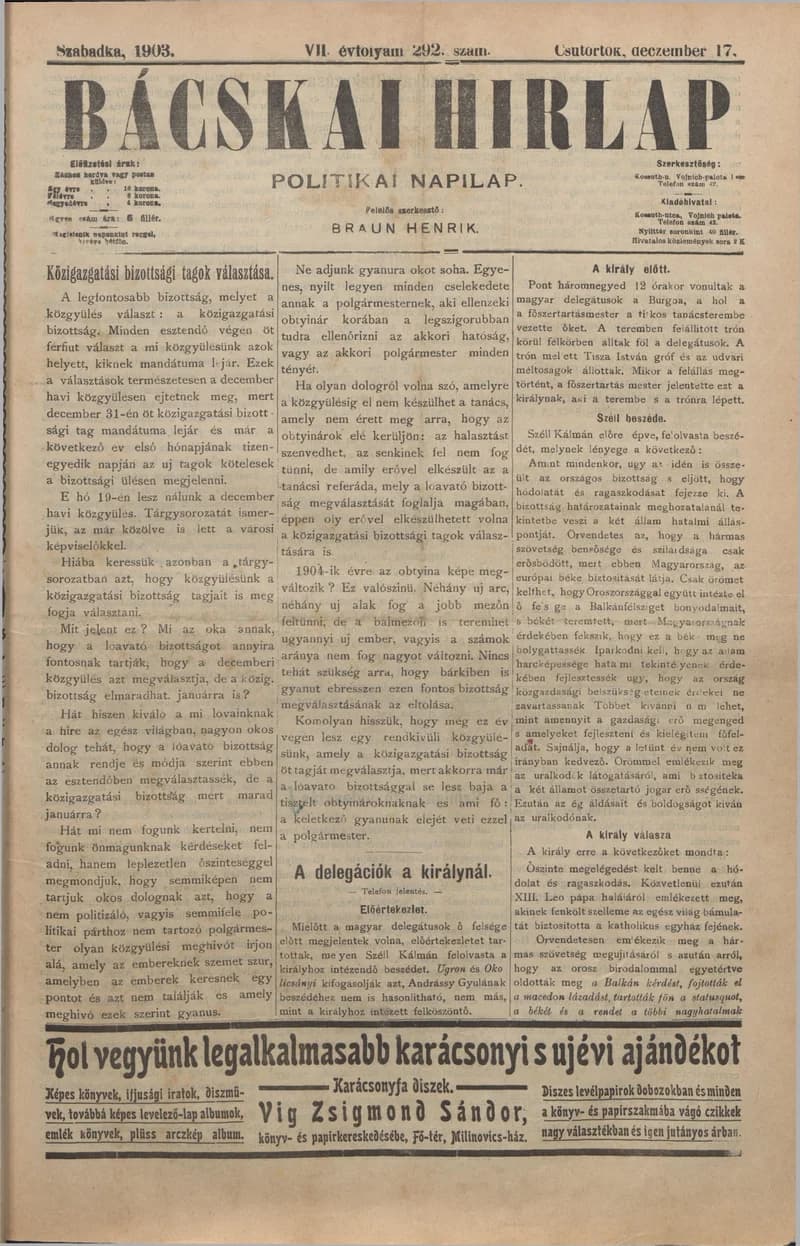 Bácskai Hirlap, 7. évf. 1903. december 17. 292. sz.
