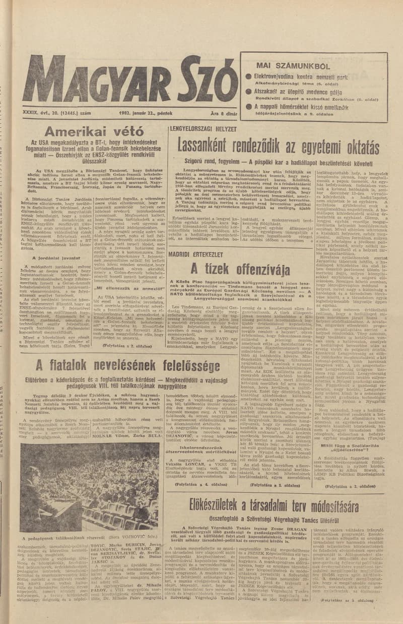 Magyar Szó, 39. évf. 1982. január 22. 20. sz. 1–20. oldal