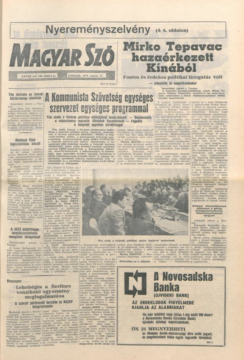 Magyar Szó, 28. évf. 1971. június 17. 164. sz. 1–16. oldal