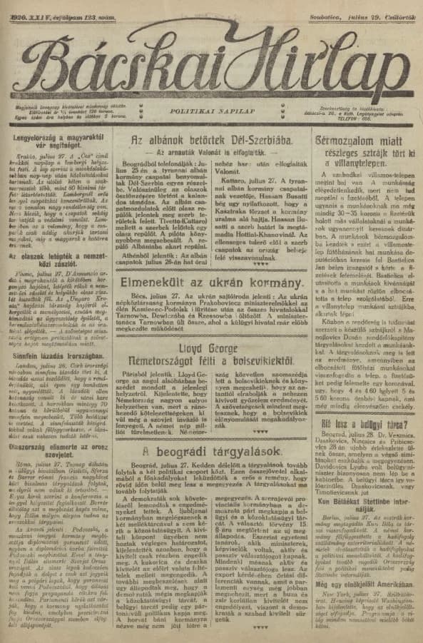 Bácskai Hirlap, 24. évf. 1920. július 29. 123. sz.