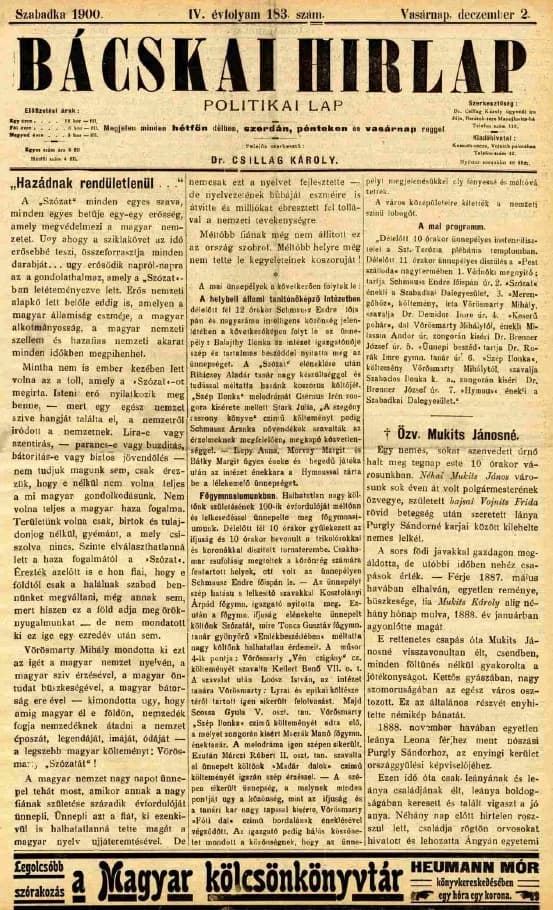 Bácskai Hirlap, 4. évf. 1900. december 2. 183. sz.