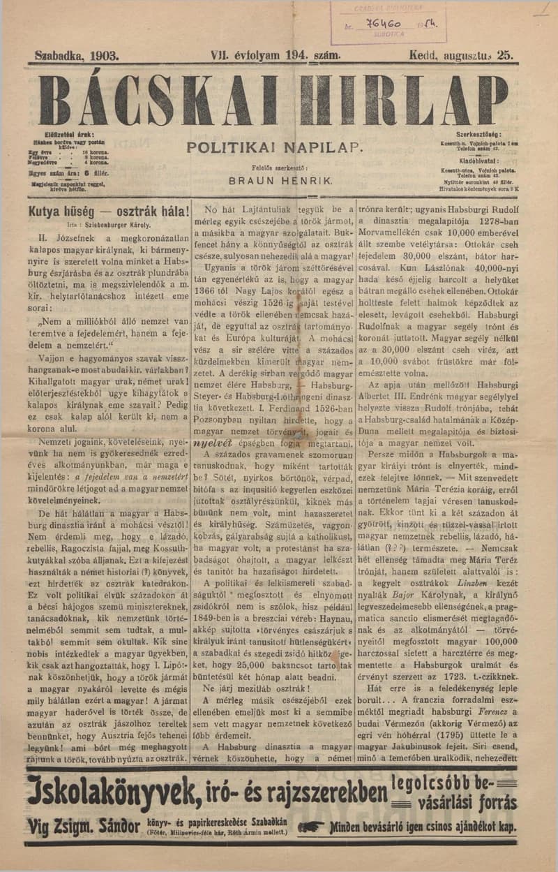 Bácskai Hirlap, 7. évf. 1903. augusztus 25. 194. sz.