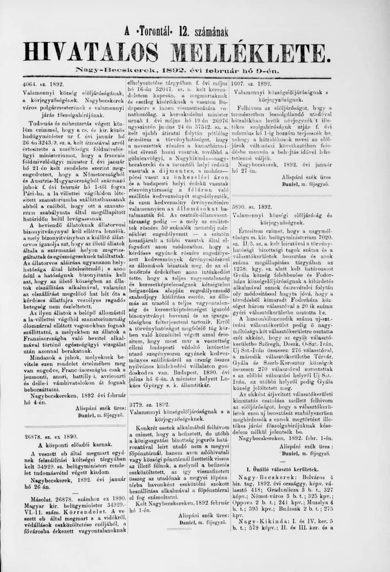 A Totontál  hivatalos melléklete, 5. évf. 1892. február 9. 12. sz.