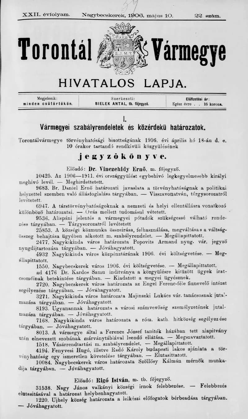 Torontál Vármegye Hivatalos Lapja, 22. évf. 1906. május 10. 22. sz.