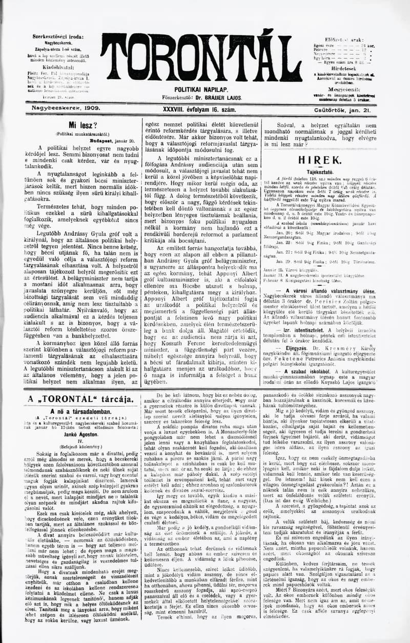 Torontál, 38. évf. 1909. január 21. 16. sz.
