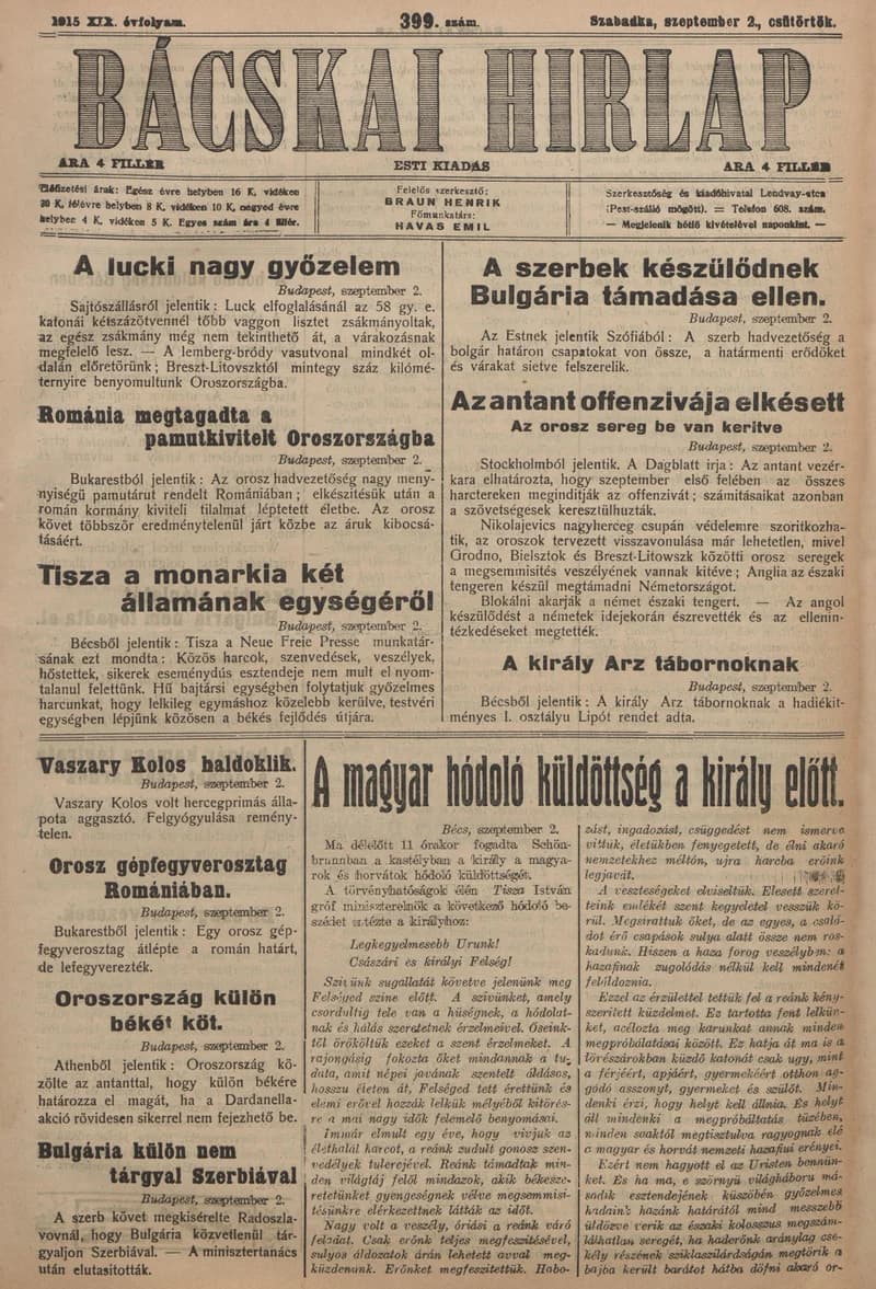 Bácskai Hirlap, 19. évf. 1915. szeptember 2. 399. sz.