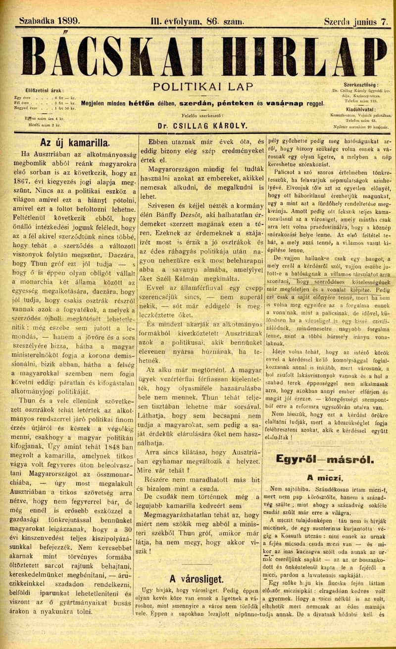 Bácskai Hirlap, 3. évf. 1899. június 7. 86. sz.