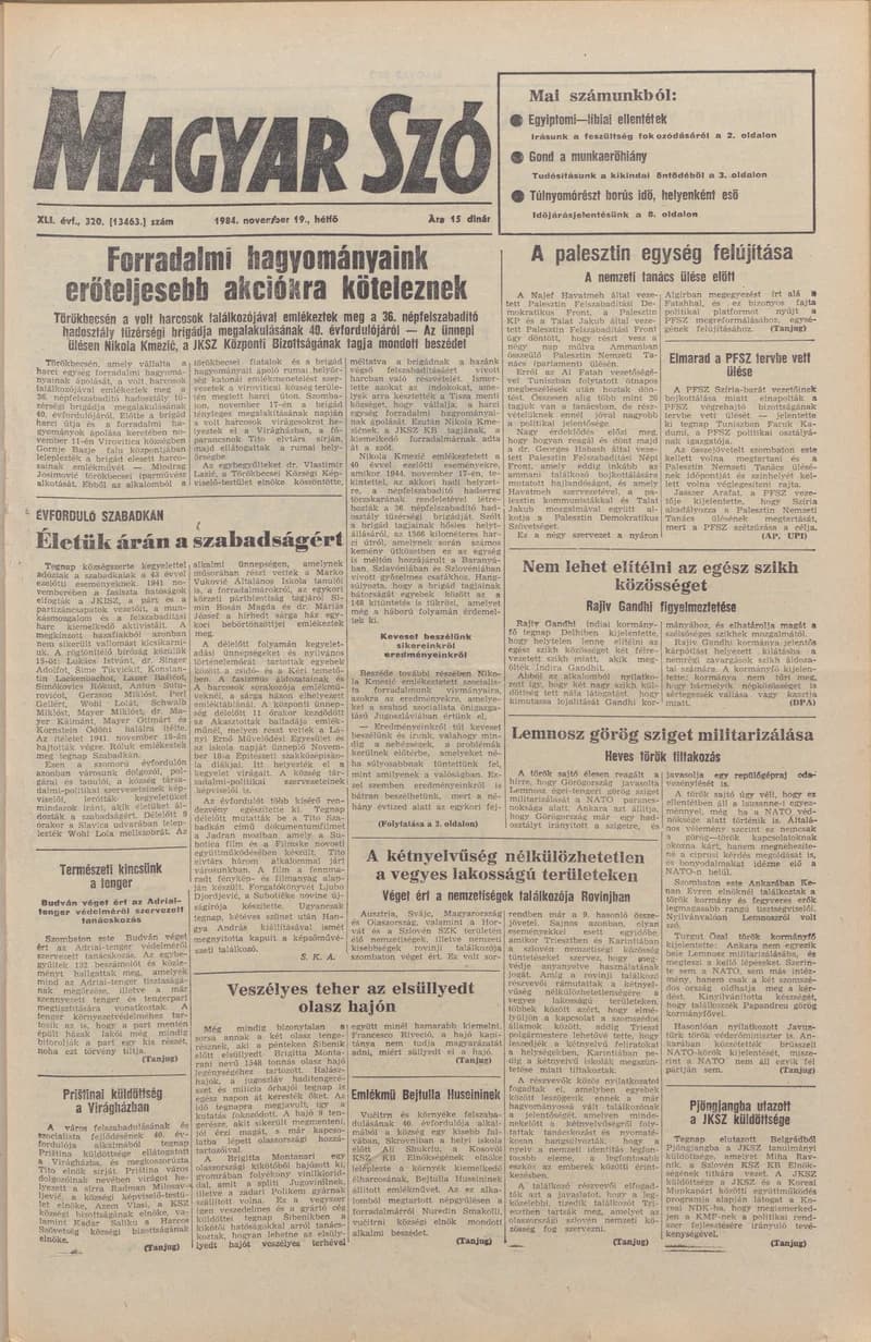 Magyar Szó, 41. évf. 1984. november 19. 320. sz. 1–8. oldal
