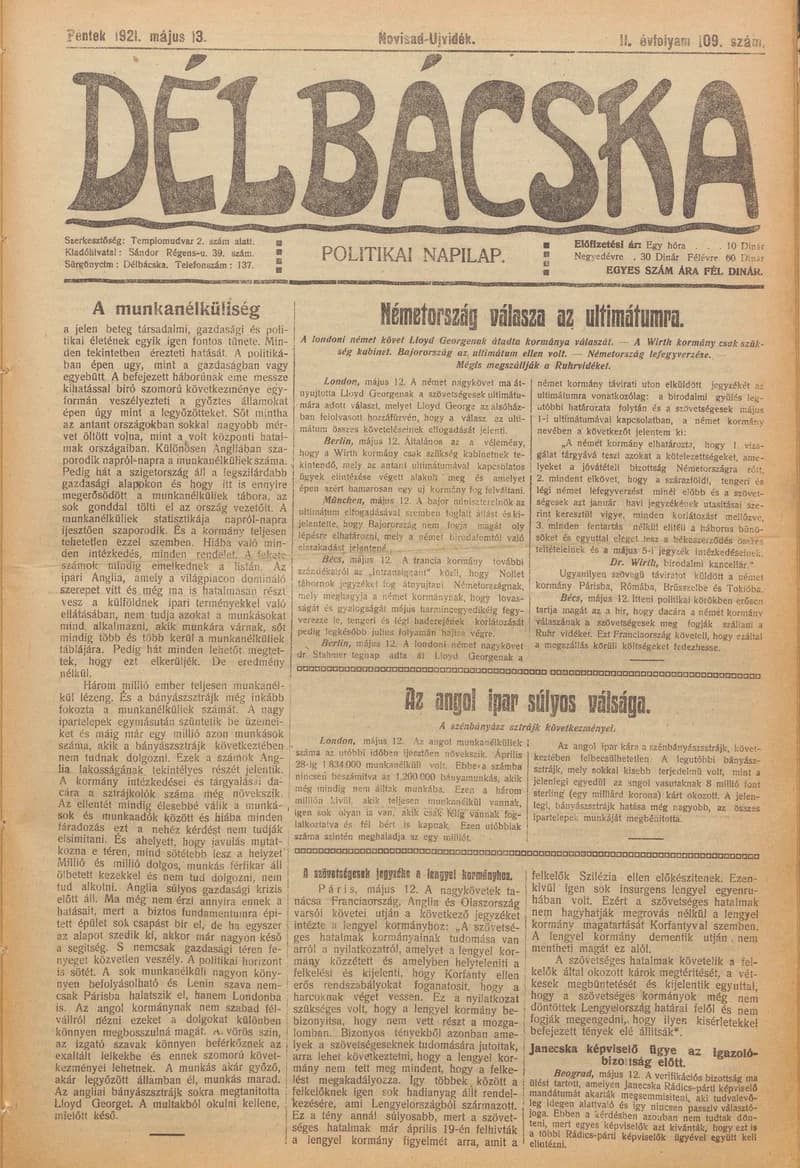 Délbácska, 2. évf. 1921. május 13. 109. sz.