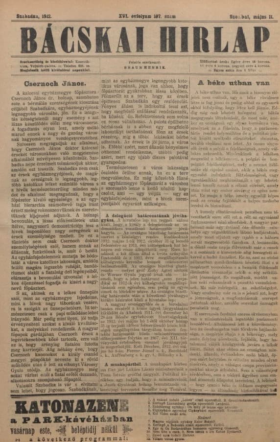 Bácskai Hirlap, 16. évf. 1912. május 11. 107. sz.