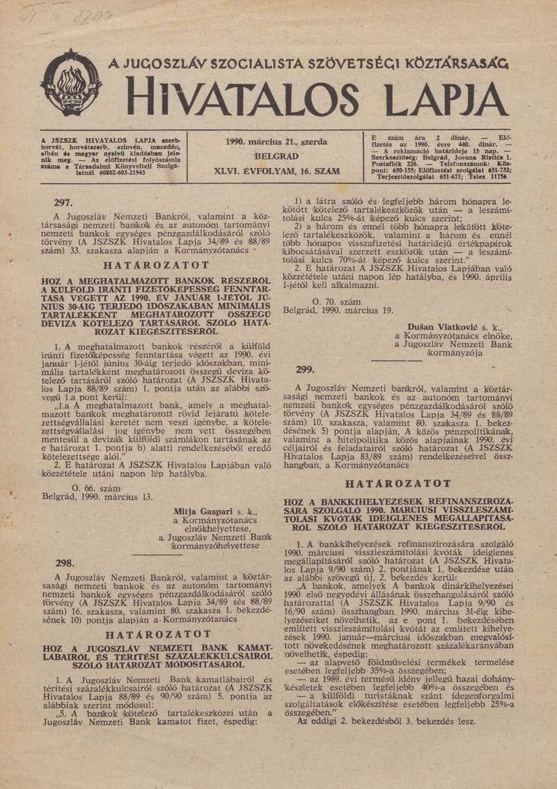 A Jugoszláv Szocialista Szövetségi Köztársaság Hivatalos Lapja, 46. évf. 1990. március 21. 16. sz. 717–720. oldal