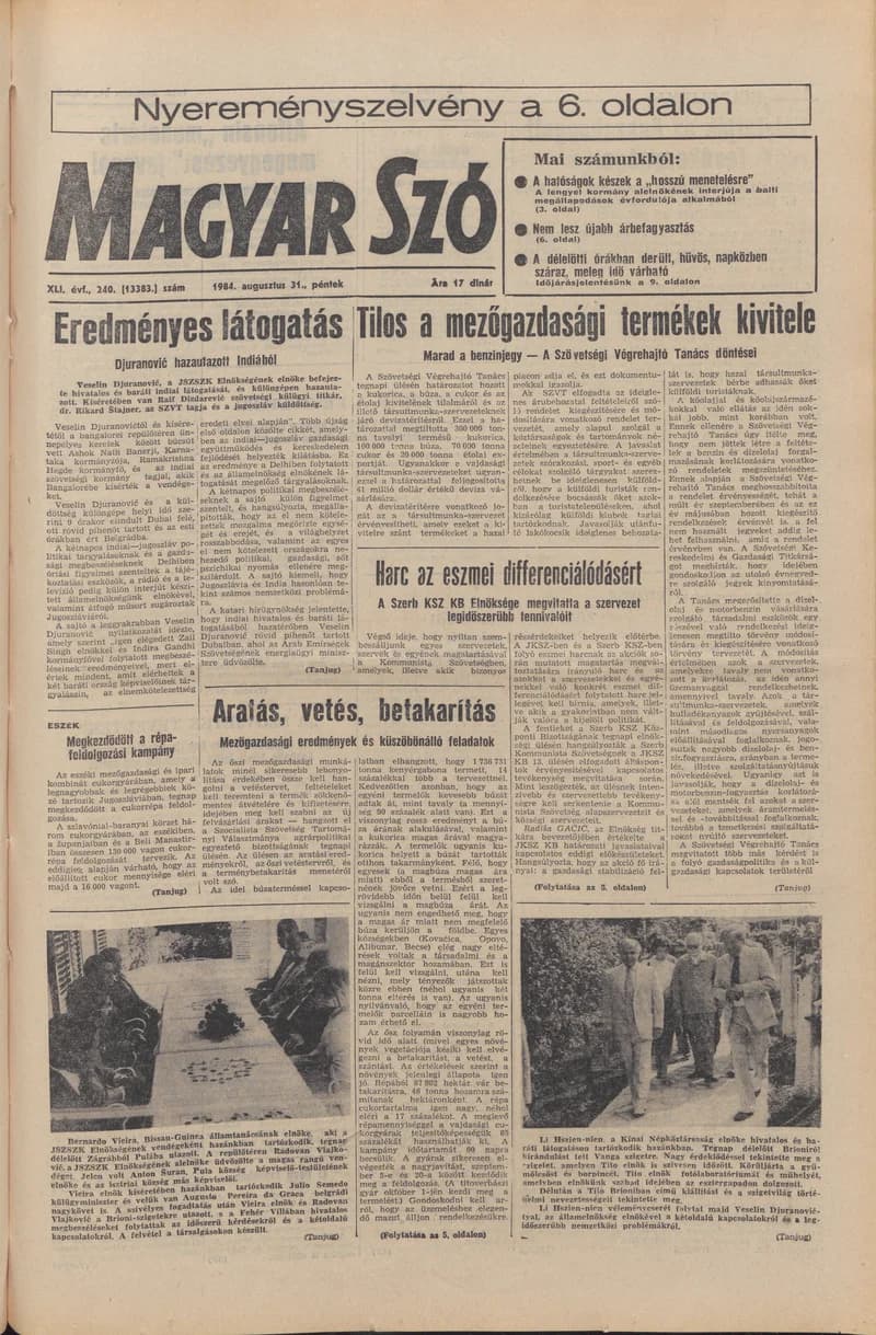 Magyar Szó, 41. évf. 1984. augusztus 31. 240. sz. 1–20. oldal