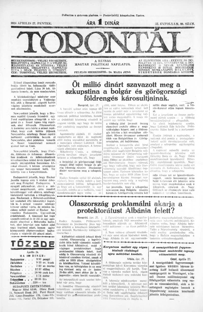 Torontál, 57. évf. 1928. április 27. 99. sz.