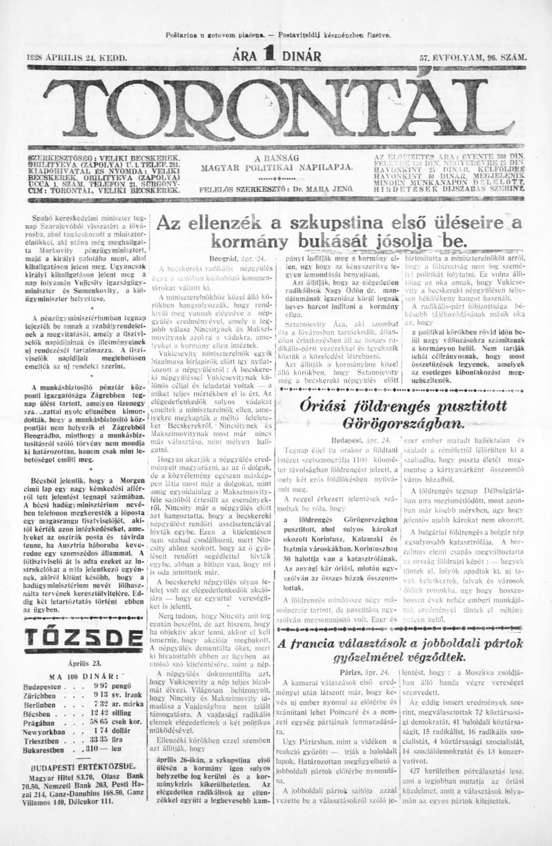 Torontál, 57. évf. 1928. április 24. 96. sz.