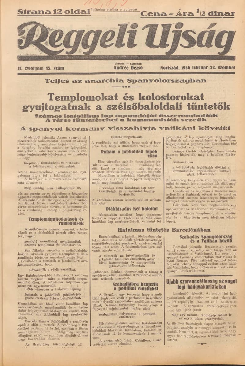 Reggeli Újság, 17. évf. 1936. február 22. 45. sz.