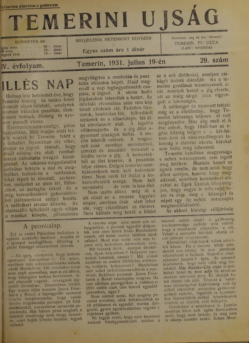 Temerini Újság 1928-1944, 4. évf. 1931. július 19. 29. sz.