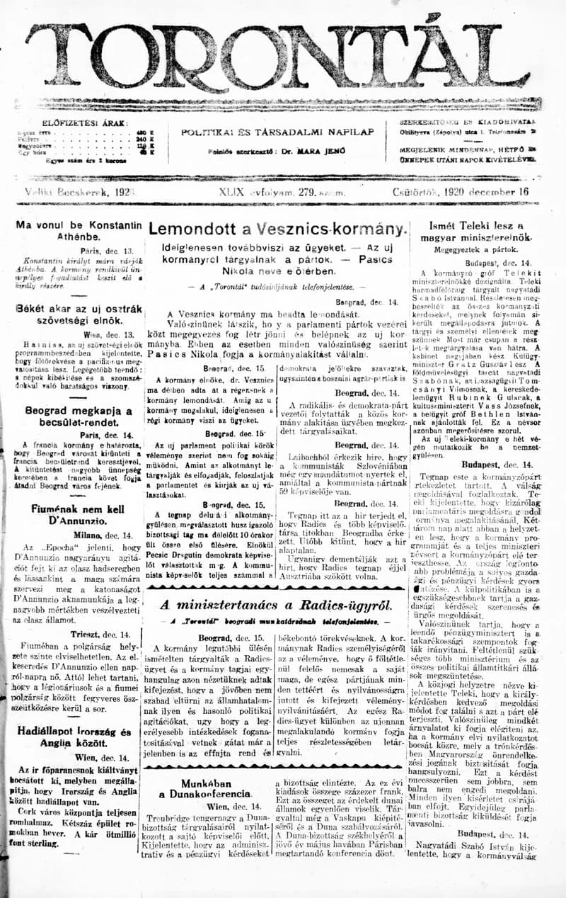 Torontál, 49. évf. 1920. december 16. 279. sz.