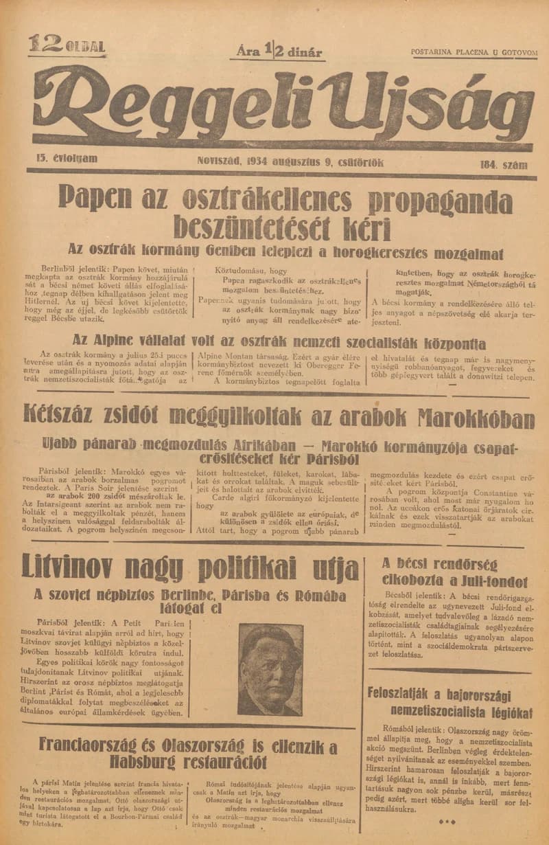 Reggeli Újság, 15. évf. 1934. augusztus 9. 184. sz.