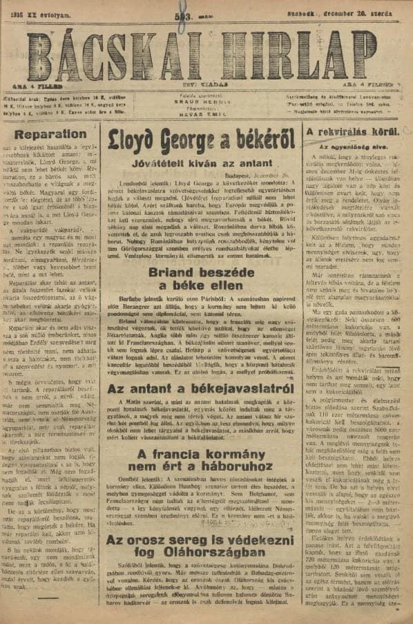 Bácskai Hirlap, 20. évf. 1916. december 20. 583. sz.