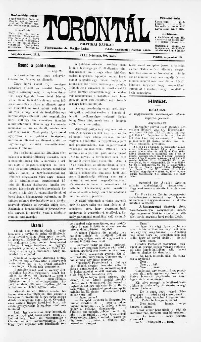 Torontál, 42. évf. 1913. augusztus 29. 198. sz.
