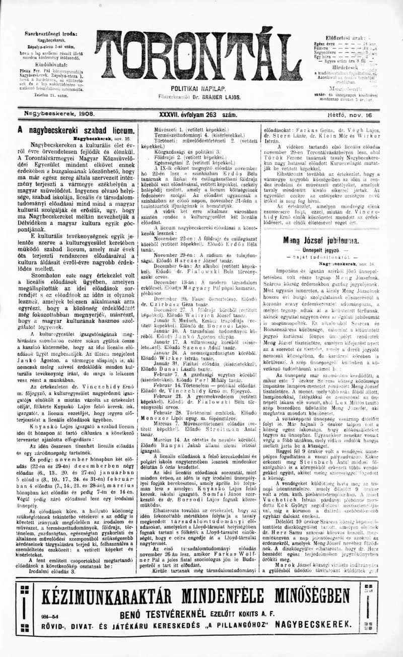Torontál, 37. évf. 1908. november 16. 263. sz.