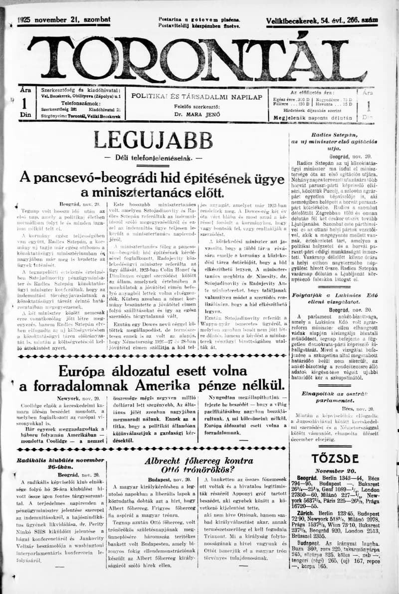Torontál, 54. évf. 1925. november 21. 266. sz.