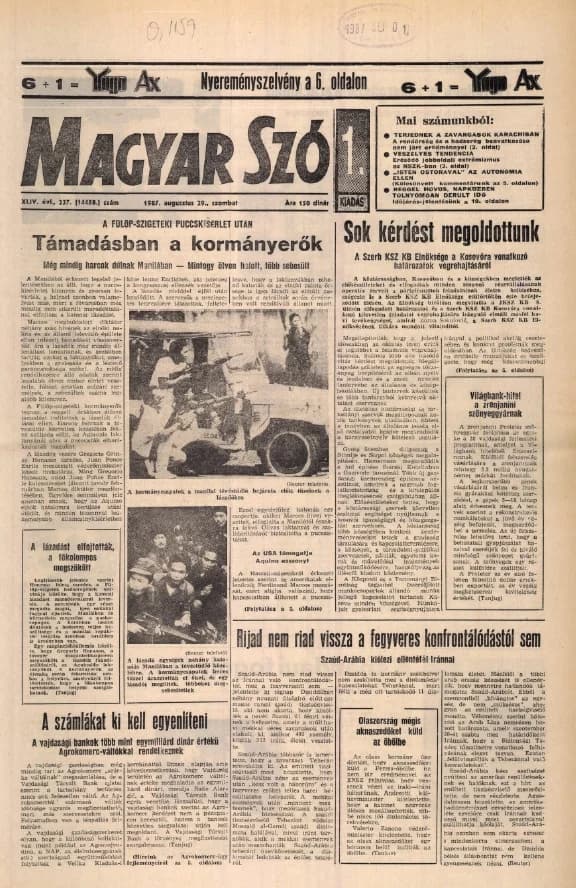 Magyar Szó, 44. évf. 1987. augusztus 29. 237. sz. 1–20. oldal