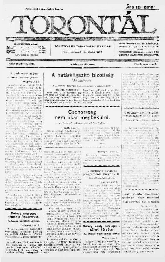 Torontál, 50. évf. 1921. augusztus 5. 169. sz.