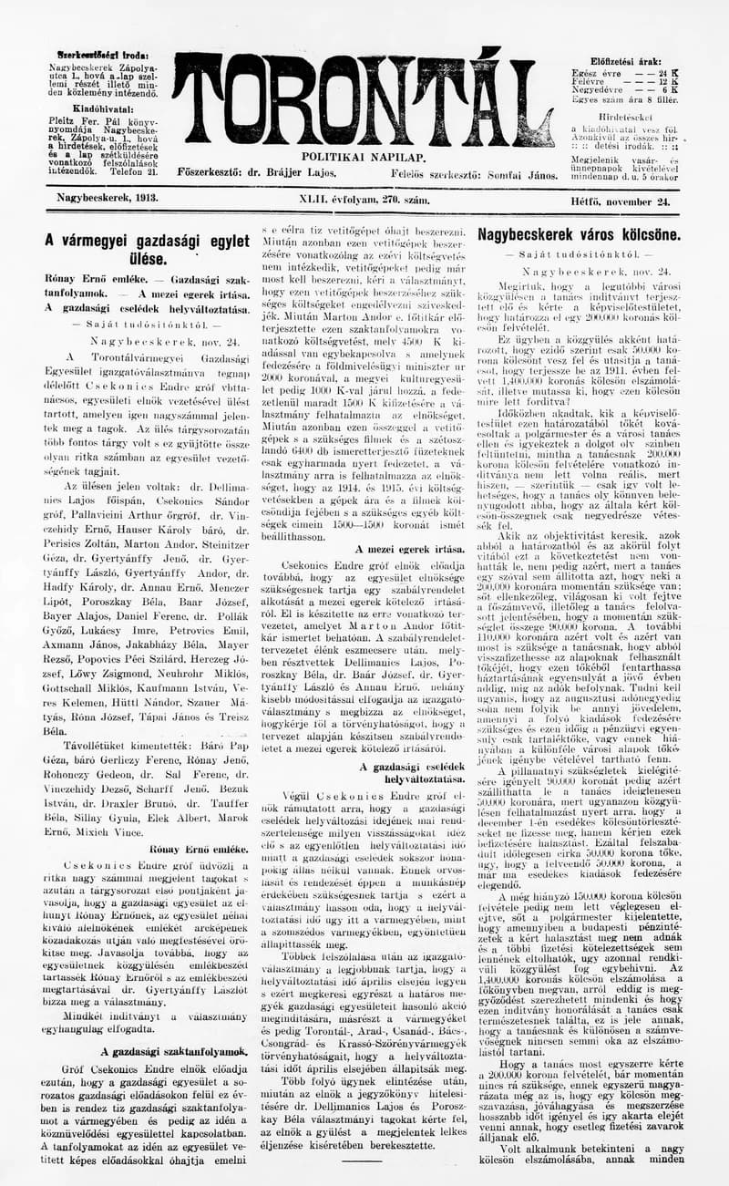 Torontál, 42. évf. 1913. november 24. 270. sz.