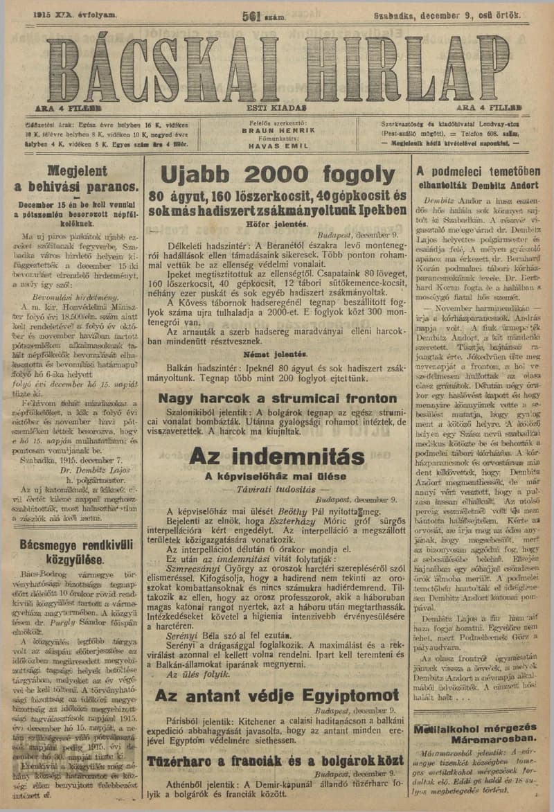 Bácskai Hirlap, 19. évf. 1915. december 9. 561. sz.