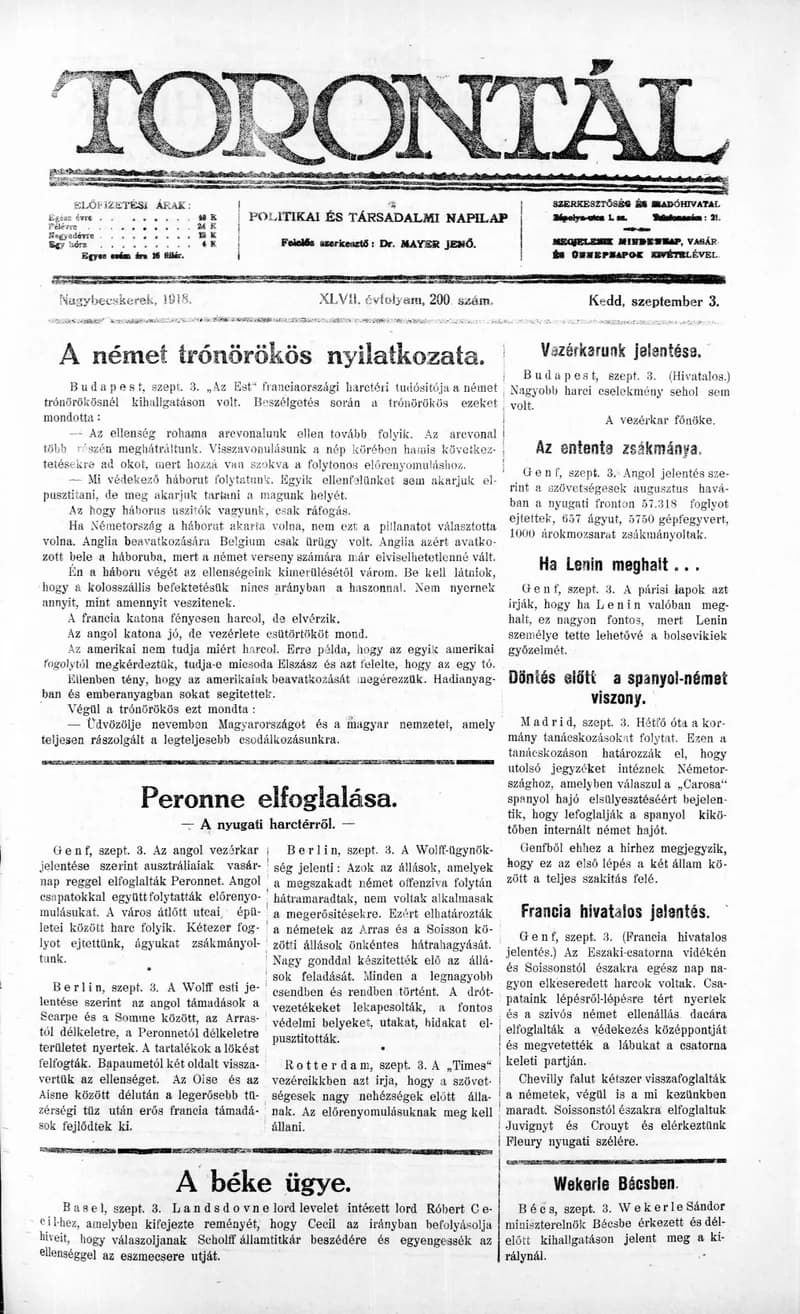 Torontál, 47. évf. 1918. szeptember 3. 200. sz.
