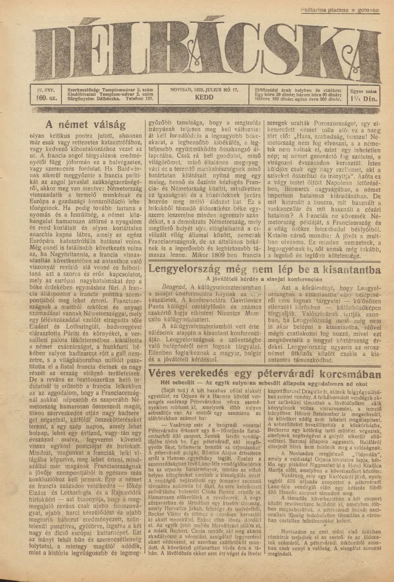 Délbácska, 4. évf. 1923. július 17. 161. sz.