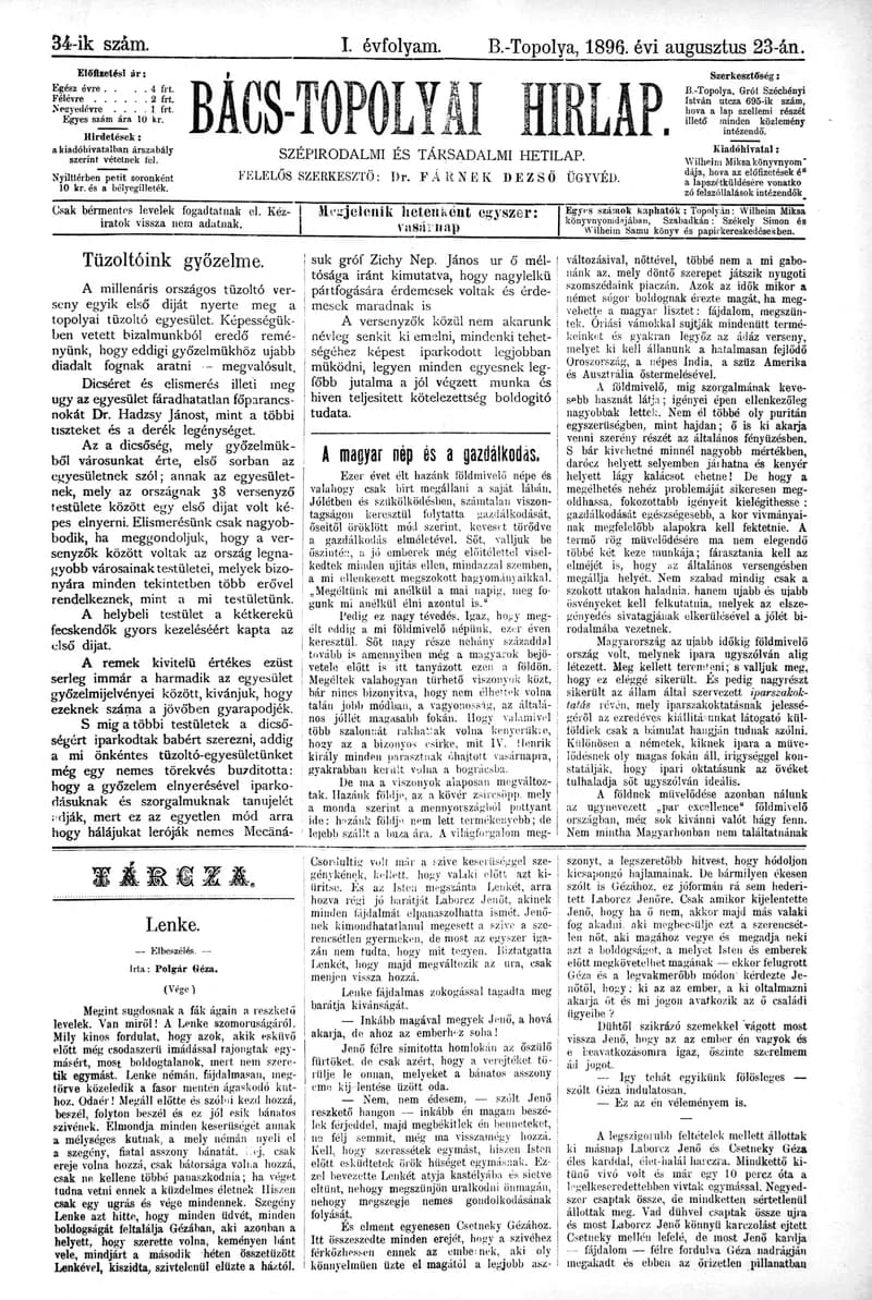 Bács-Topolyai Hirlap, 1. évf. 1896. augusztus 23. 34. sz.