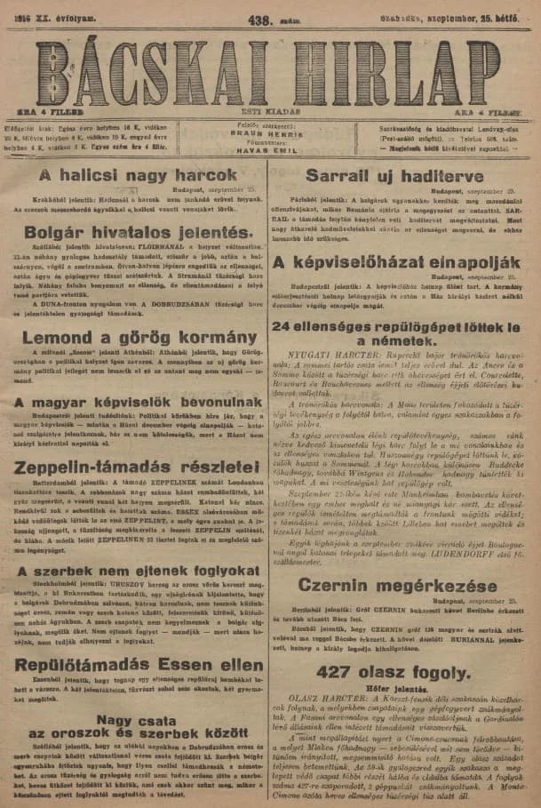 Bácskai Hirlap, 20. évf. 1916. szeptember 25. 438. sz.