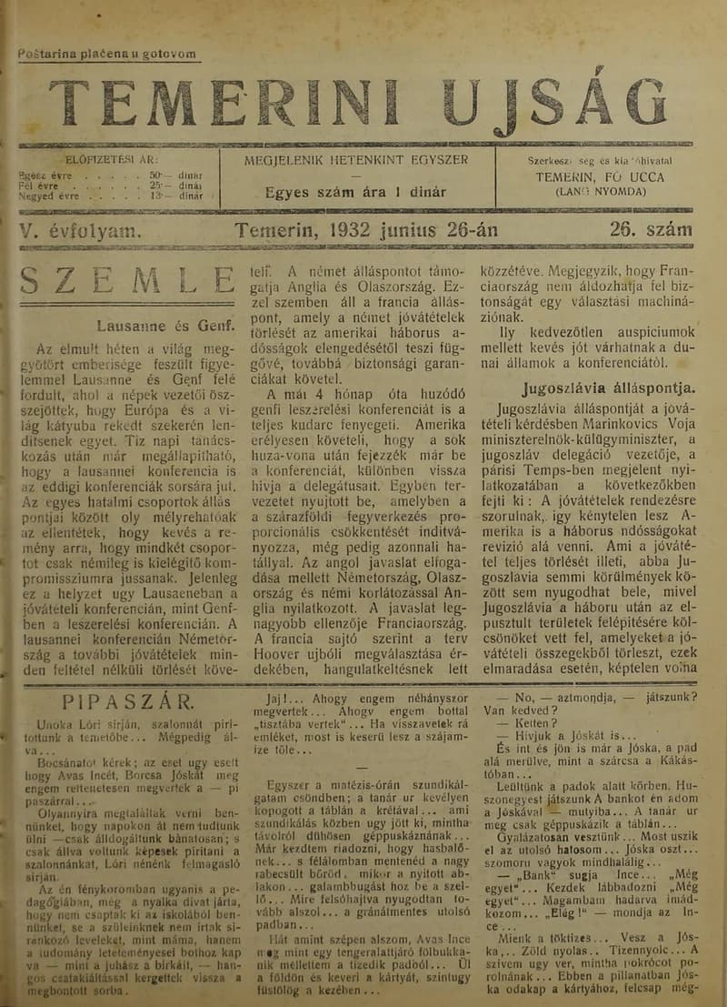 Temerini Újság 1928-1944, 5. évf. 1932. június 26. 26. sz.