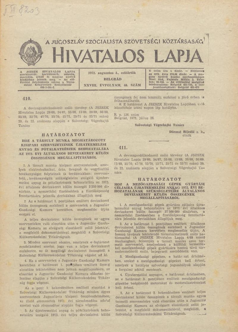 A Jugoszláv Szocialista Szövetségi Köztársaság Hivatalos Lapja, 28. évf. 1972. augusztus 3. 40. sz. 849–856. oldal