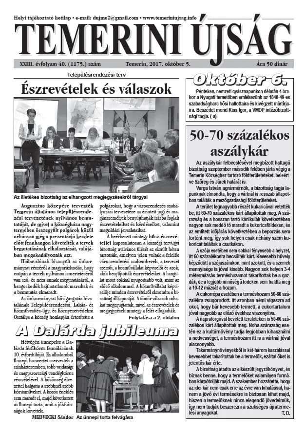 Temerini Újság, 23. évf. 2017. október 5. 40. sz.